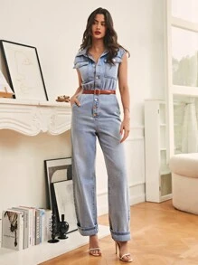 SHEIN Frenchy 翻蓋口袋前紐扣牛仔連身褲不附腰帶