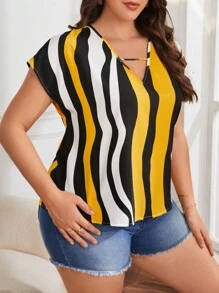 SHEIN LUNE 夏季加大条纹印花蝙蝠袖衬衫 - 黃色 - 查看 6