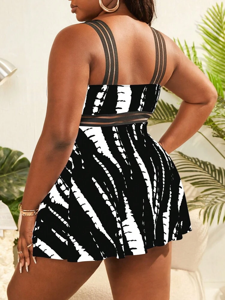Plus Size Tie Dye Contrast Mesh Tape Tankini Summer Beach
