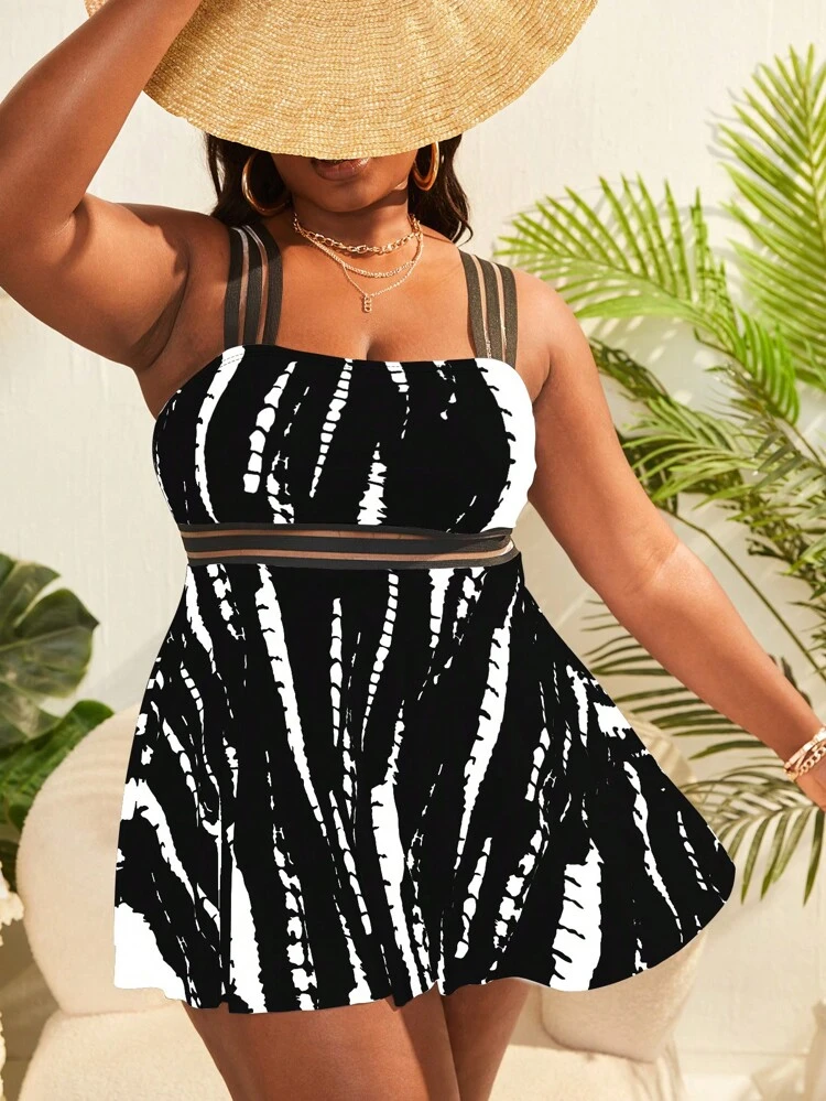 Plus Size Tie Dye Contrast Mesh Tape Tankini Summer Beach