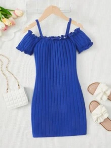 SHEIN Girls Cold Shoulder Frill Trim Fitted Dress - Blue - View 1