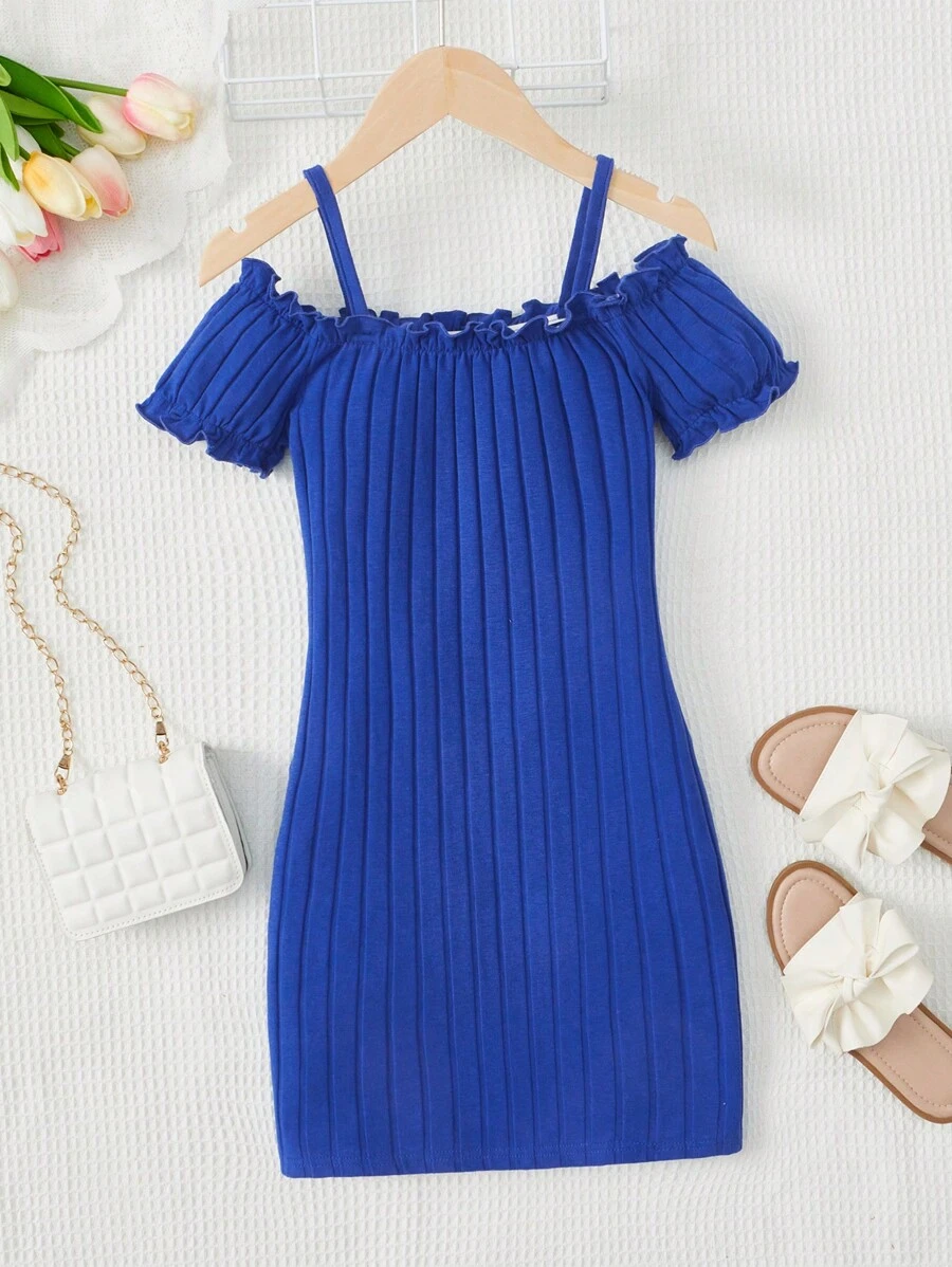SHEIN Girls Cold Shoulder Frill Trim Fitted Dress - Blue - View 1