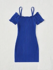 SHEIN Girls Cold Shoulder Frill Trim Fitted Dress - Blue - View 2
