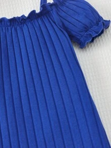 SHEIN Girls Cold Shoulder Frill Trim Fitted Dress - Blue - View 3