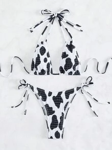 SHEIN SXY Bañador bikini triángulo halter con estampado de vaca - Blanco y Negro - Ver 3