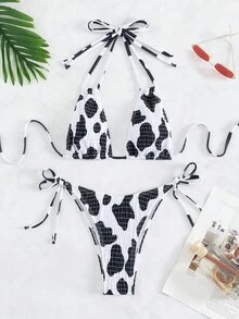 SHEIN SXY Bañador bikini triángulo halter con estampado de vaca - Blanco y Negro - Ver 7