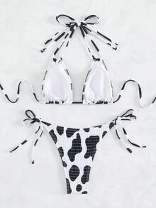 SHEIN SXY Bañador bikini triángulo halter con estampado de vaca - Blanco y Negro - Ver 8