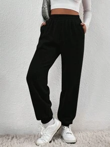 SHEIN EZwear Solid Slant Pocket Elastic Waist Joggers - Black - View 1