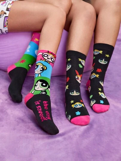 THE POWERPUFF GIRLS X SHEIN 2 Pairs Women's Blossom Bubbles Buttercup Colorful Contrasting Black Full Print Crew Socks