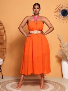 SHEIN SXY 大碼後背繫帶繞頸連衣裙不附腰帶 - 橘色 - 查看 1