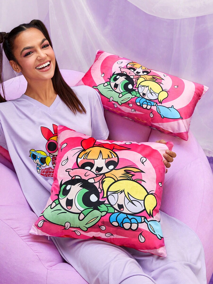 THE POWERPUFF GIRLS X SHEIN 1pc Cartoon Graphic Cushion Cover Without