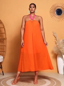SHEIN SXY 大碼後背繫帶繞頸連衣裙不附腰帶 - 橘色 - 查看 3