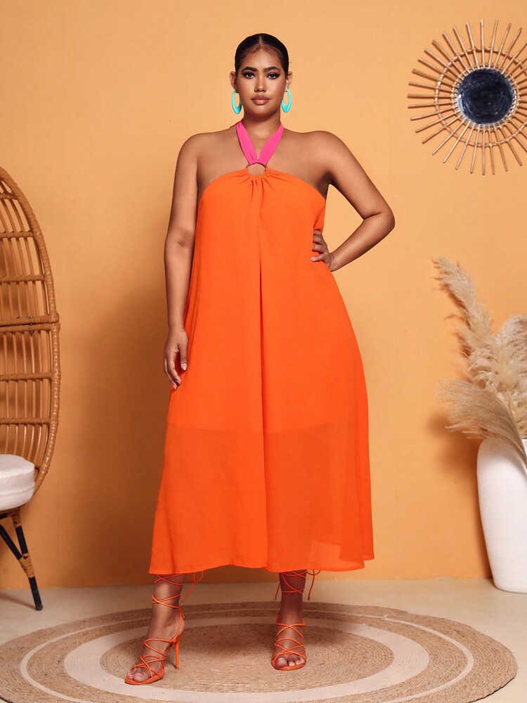 SHEIN SXY 大碼後背繫帶繞頸連衣裙不附腰帶 - 橘色 - 查看 4