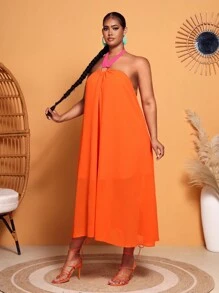 SHEIN SXY 大碼後背繫帶繞頸連衣裙不附腰帶 - 橘色 - 查看 6