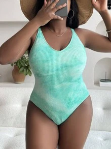 Slaydiva Summer Beach Plus Tie Dye Ribbed Knit One Piece Swimsuit - Green - View 3