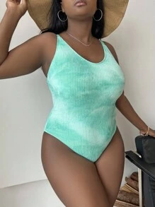 Slaydiva Summer Beach Plus Tie Dye Ribbed Knit One Piece Swimsuit - Green - View 5