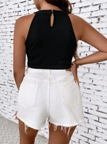 SHEIN Clasi Áo hai dây Plus Size Bất đối xứng mép màu trơn Giải trí - màu đen - Xem 2