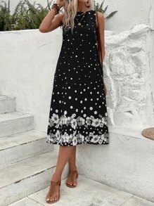 SHEIN LUNE Polka Dot & Floral Print Tank Dress - Black and White - View 3