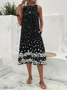 SHEIN LUNE Polka Dot & Floral Print Tank Dress - Black and White - View 4