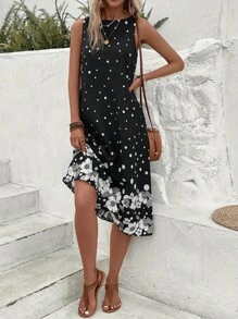 SHEIN LUNE Polka Dot & Floral Print Tank Dress - Black and White - View 1