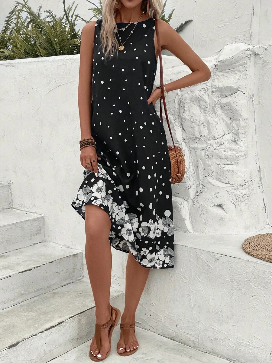 SHEIN LUNE Polka Dot & Floral Print Tank Dress - Black and White - View 1