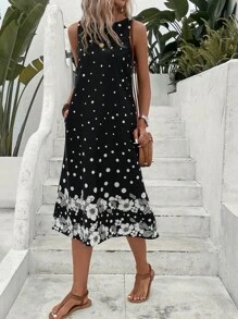 SHEIN LUNE Polka Dot & Floral Print Tank Dress - Black and White - View 5