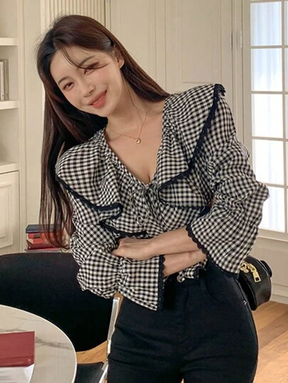 DAZY Gingham Statement Collar Tie Front Blouse,Long Sleeve Tops,Ruffle,Fall Clothes