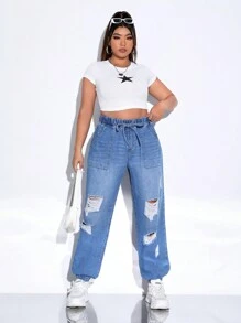 SHEIN EZwear Plus Ripped Frayed Knot Front Jogger Jeans - Medium Wash - View 3