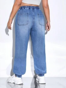 SHEIN EZwear Plus Ripped Frayed Knot Front Jogger Jeans - Medium Wash - View 2