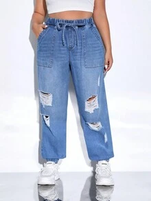 SHEIN EZwear Plus Ripped Frayed Knot Front Jogger Jeans - Medium Wash - View 4