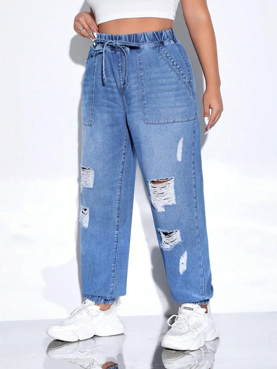 SHEIN EZwear Plus Ripped Frayed Knot Front Jogger Jeans - Medium Wash - View 1