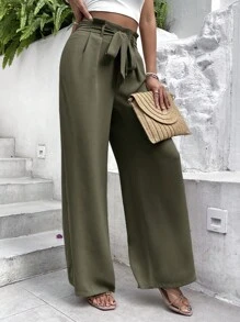 SHEIN Frenchy 紙袋腰腰帶闊腿褲 - 軍綠色 - 查看 6