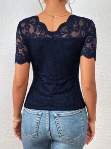 SHEIN Frenchy 貝殼邊蕾絲上衣 - 藏蓝色 - 查看 2