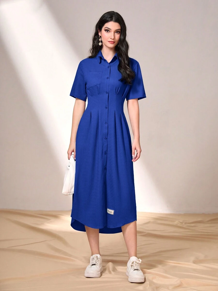 Seusyu Letter Print Patched Detail Fold Pleated Shirt Dress - Blue - View 1