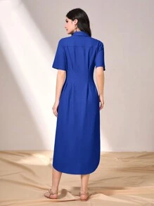 Seusyu Letter Print Patched Detail Fold Pleated Shirt Dress - Blue - View 2