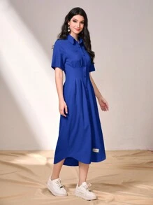 Seusyu Letter Print Patched Detail Fold Pleated Shirt Dress - Blue - View 3