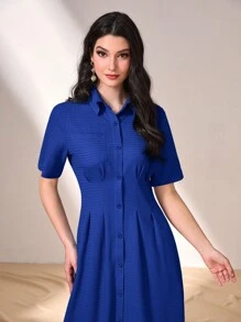 Seusyu Letter Print Patched Detail Fold Pleated Shirt Dress - Blue - View 4