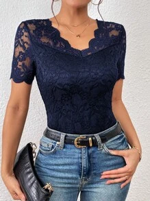 SHEIN Frenchy 貝殼邊蕾絲上衣 - 藏蓝色 - 查看 6