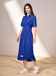 Seusyu Letter Print Patched Detail Fold Pleated Shirt Dress - Blue - View 5