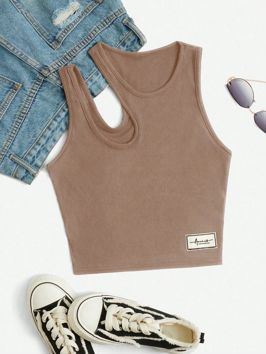 Seusyu Letter Patched Detail Cut Out Tank Top - Apricot - View 1