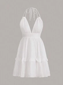 GENKIRA Đầm Lộ Lưng viền lá sen Viên lá sen Buộc lại phân lớp màu trơn Gợi cảm - trắng - Xem 1