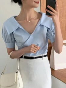 DAZY 素色泡泡袖襯衫 - 淺藍色 - 查看 1