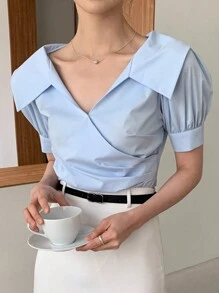 DAZY 素色泡泡袖襯衫 - 淺藍色 - 查看 2