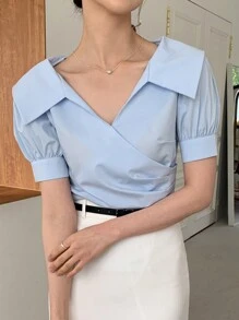 DAZY 素色泡泡袖襯衫 - 淺藍色 - 查看 5