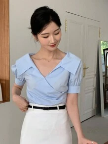 DAZY 素色泡泡袖襯衫 - 淺藍色 - 查看 6