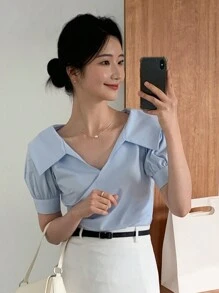 DAZY 素色泡泡袖襯衫 - 淺藍色 - 查看 7