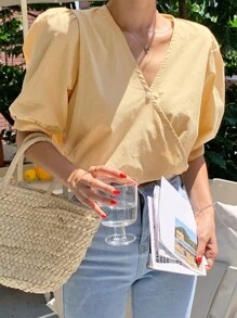 DAZY 素色泡泡袖圍裹細節襯衫 - 黃色 - 查看 2