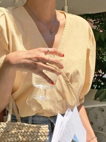 DAZY 素色泡泡袖圍裹細節襯衫 - 黃色 - 查看 6