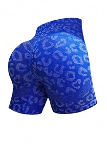 Leopard Print Wideband Waist Sports Shorts - Blue - View 1