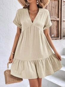 SHEIN Frenchy Đầm Viên lá sen màu trơn Dễ thương - Màu be - Xem 6